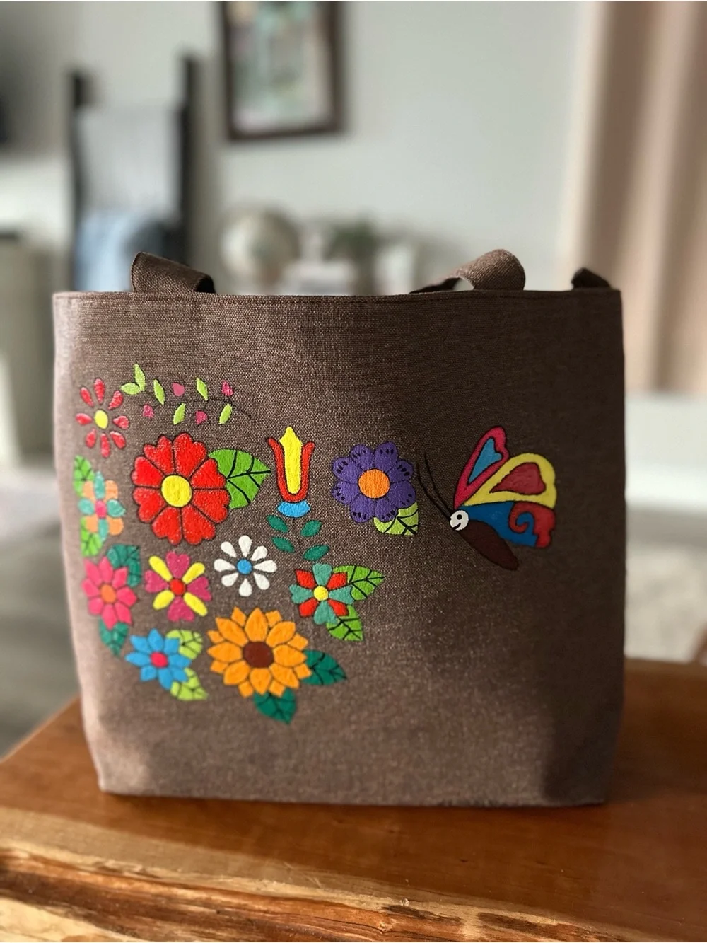RARE Hand Painted in El Salvador Floral/ Butterfly Canvas Tote Bag